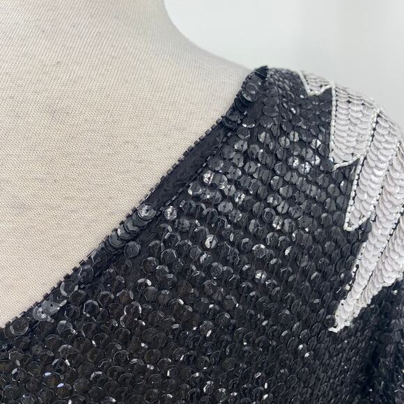 Vintage 80s Silk Beaded Sequined Evening Dress Asymmetric Black White Womens L - Picture 10 of 12